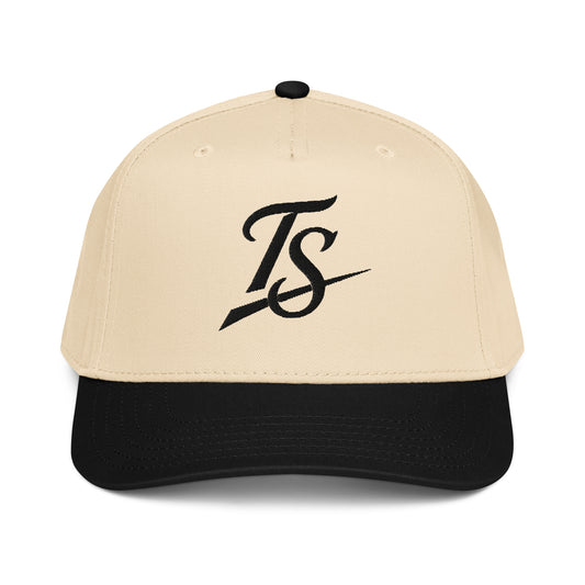 TruSelf TS Hat in Black/Cream - 5-panel mid-profile cap, front view