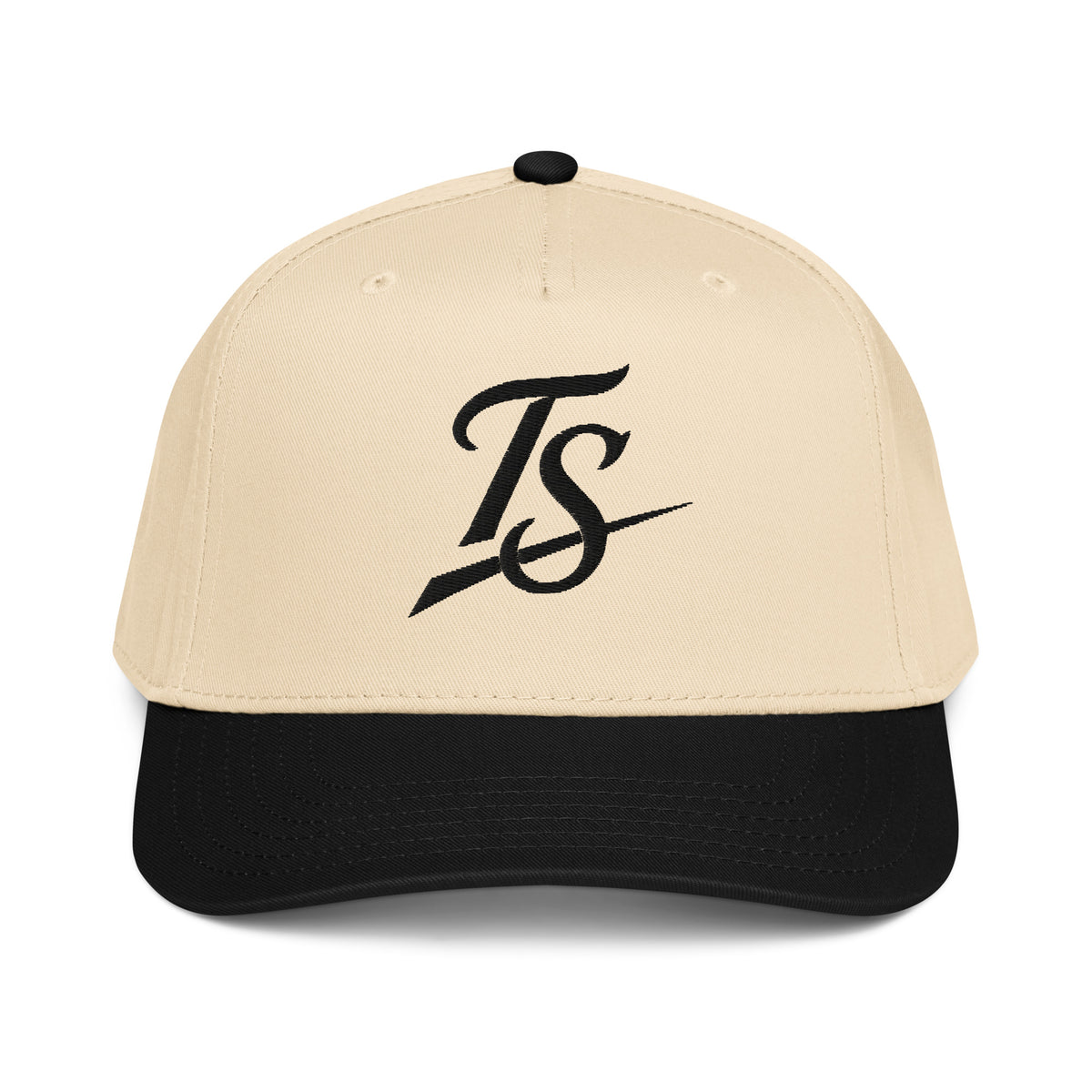 TruSelf TS Hat in Black/Cream - 5-panel mid-profile cap, front view