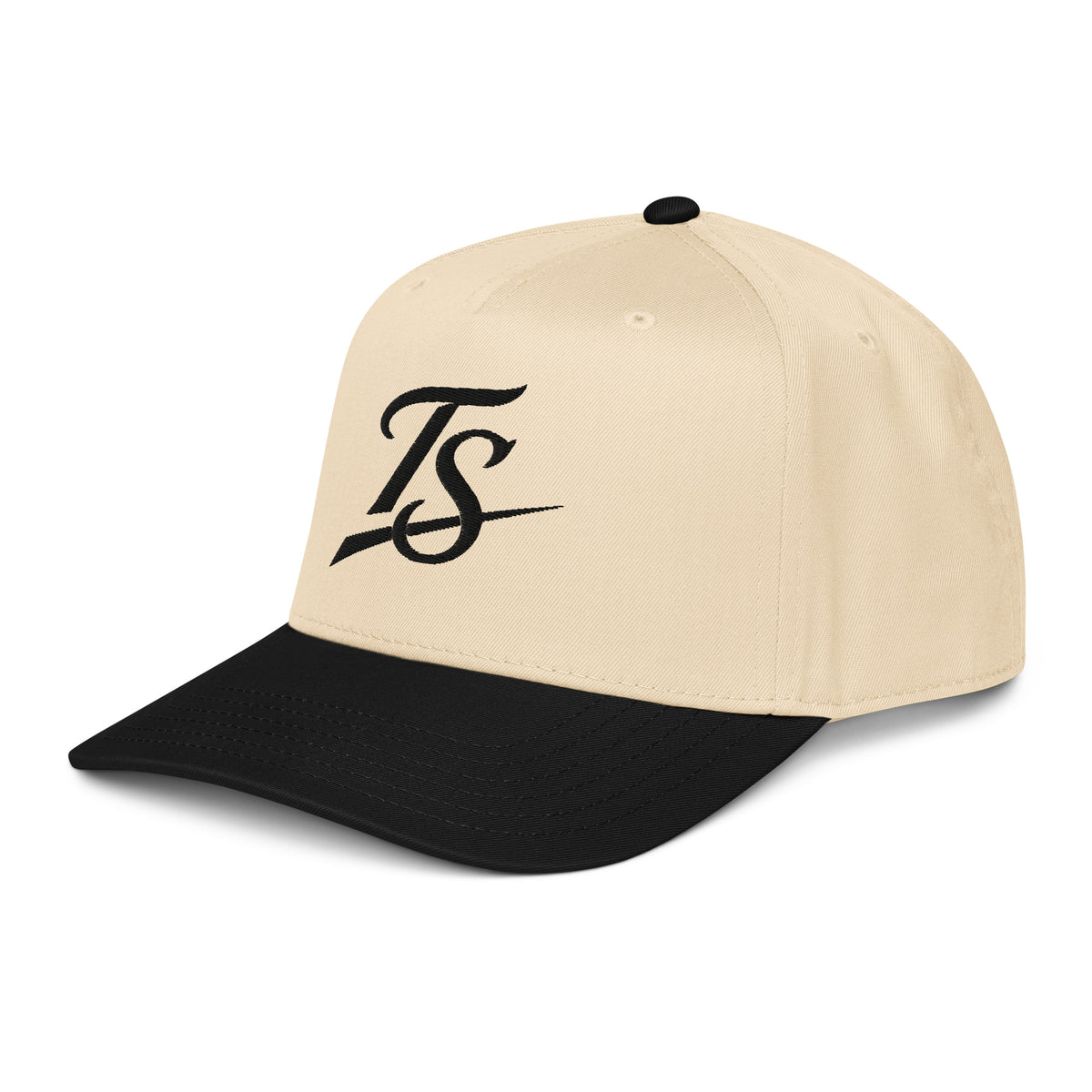 TruSelf TS Hat in Black/Cream - 5-panel mid-profile cap, left side