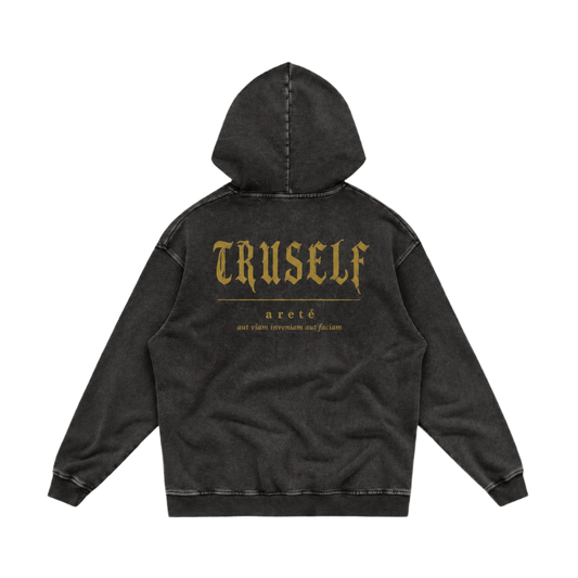 TruSelf Archive Hoodie in Black - Archive Series heavyweight fleece hoodie, front view