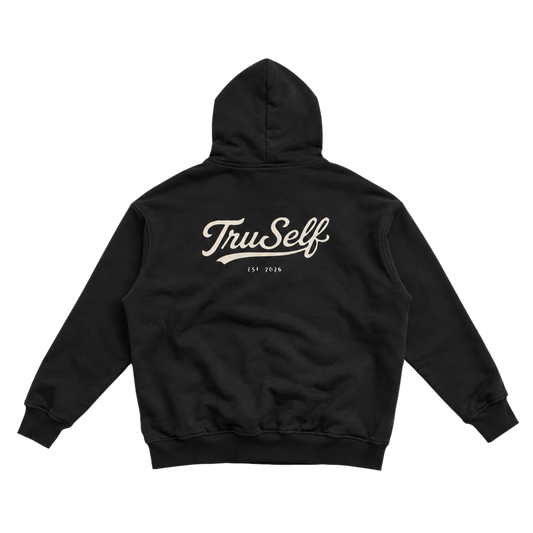 TruSelf Hoodie in Black - heavyweight fleece hoodie, back view