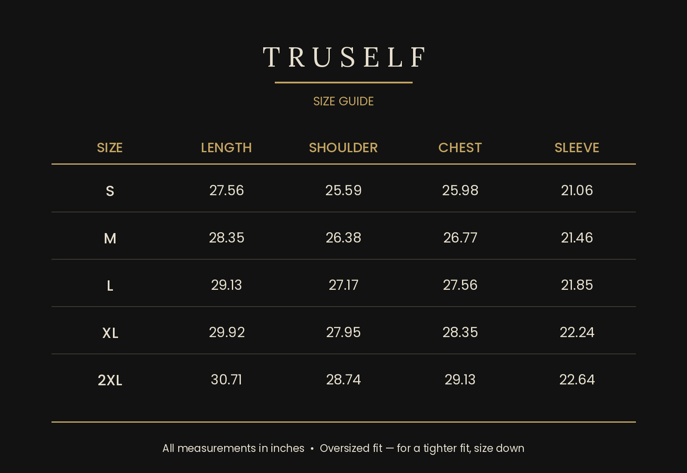 TruSelf hoodie size guide - chest, length and sleeve measurements