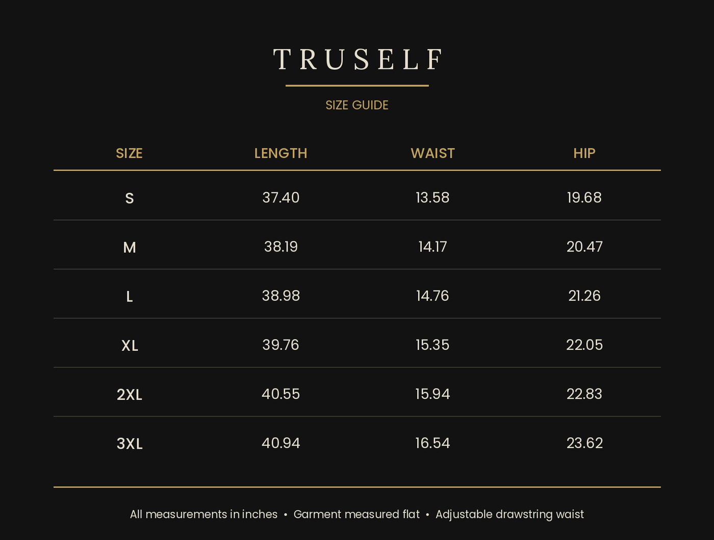 TruSelf joggers size guide - waist, inseam and length measurements