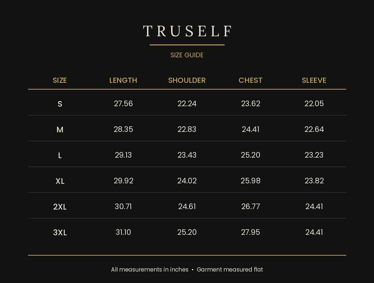 TruSelf hoodie size guide - chest, length and sleeve measurements