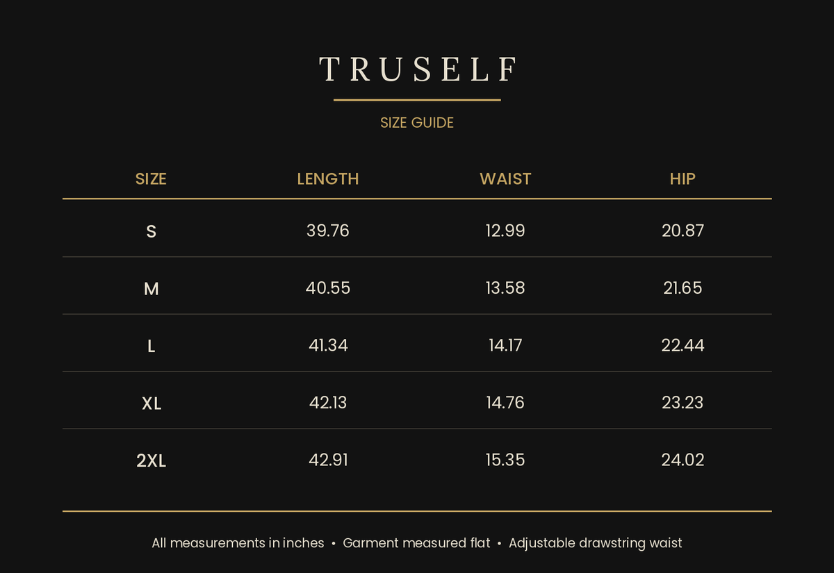 TruSelf sweatpants size guide - waist, inseam and length measurements