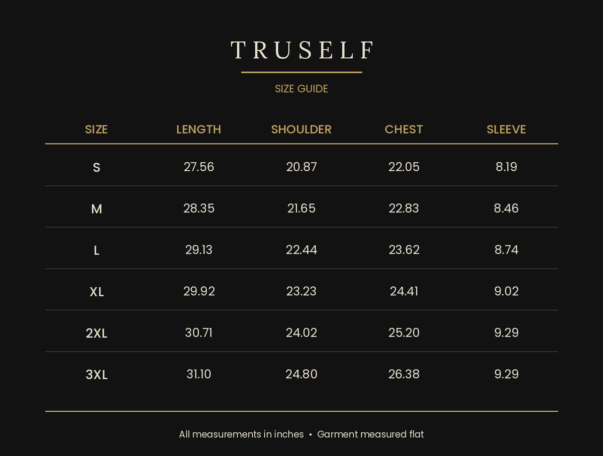 TruSelf tee size guide - chest, length and sleeve measurements