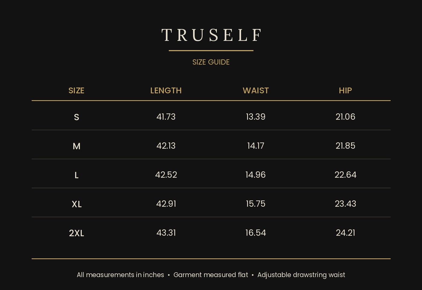 TruSelf sweatpants size guide - waist, inseam and length measurements
